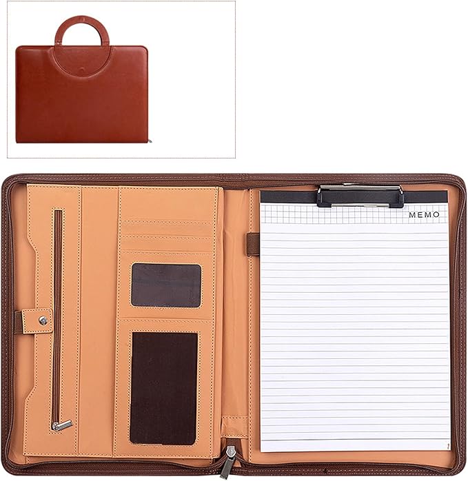 Zippered Padfolio with Hidden Handle and Clipboard, Leather Portfolio with Front Pocket, Business Padfolio Tablet/13” Laptop Organizer, Padfolio for Women/Men (Brown)