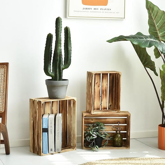 Wooden Crates Set of 3 - Large Rustic Wood Nesting Crates for Decoration, Display, Storage Boxes brown wooden crates farmers market deco wooden crates (Brown)