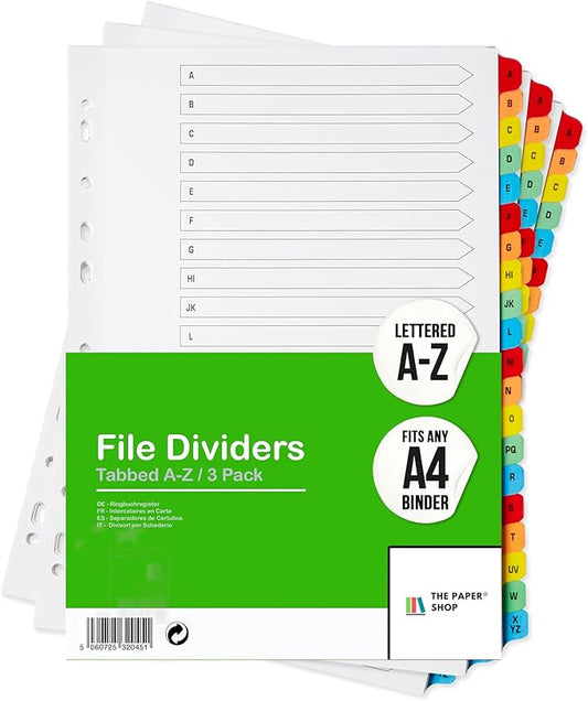 [3 Pack] A-Z Binder Dividers with Tabs A4 | Alphabet DIviders for 3 Ring Binder | Perfect for Organizing Pages in 3 Ring Binder Dividers with tabs, Each Set Includes Tab Dividers | The Paper Shop