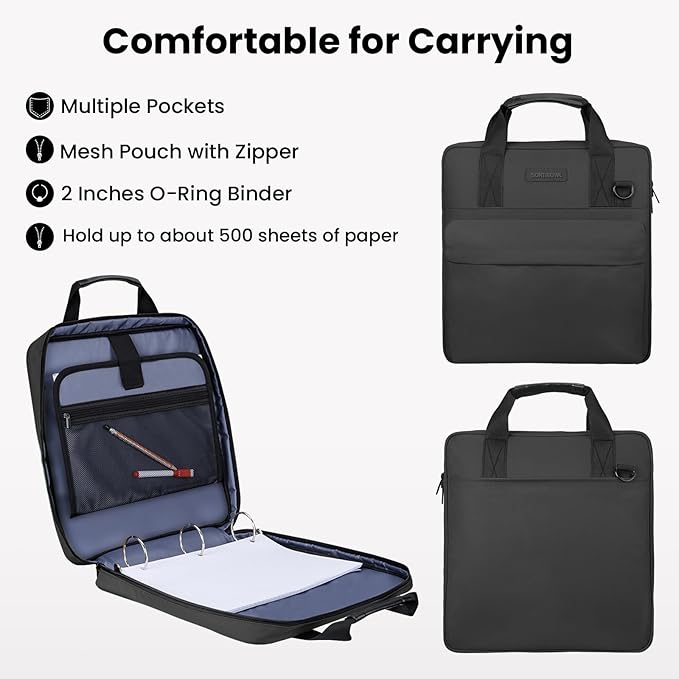 Zipper Binder 3 Ring 2 Inch with Shoulder Strap & Handle - Multi-Pocket School Binder Organizer for Middle School & Office - Holds 500 Sheets, Durable Premium Fabric - Black