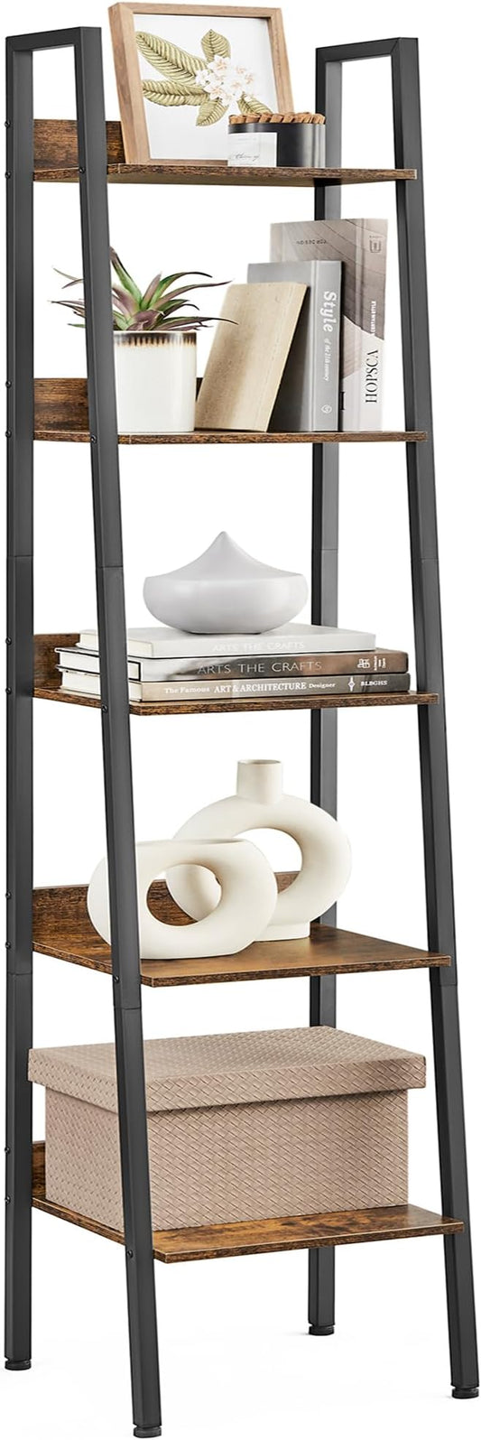 VASAGLE Bookshelf, 5-Tier Narrow Book Shelf, 11.8 x 13.3 x 66.9 Inches, Ladder Shelf for Home Office, Living Room, Bedroom, Kitchen, Rustic Brown and Ink Black ULLS109B01