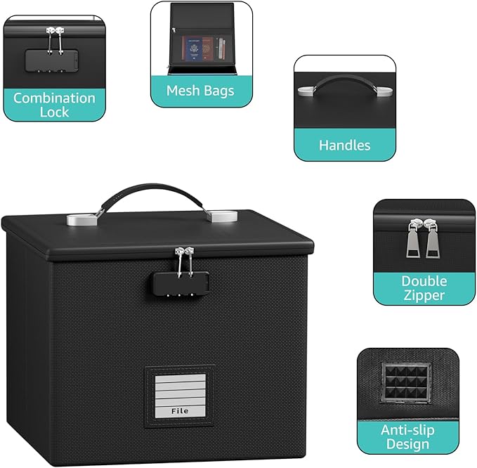 2 Pack Fireproof Document Box File Organizer - Portable Waterproof Fire Safe Locking Filing Storage Box with Handle for Hanging Letter Size Folder Important Document