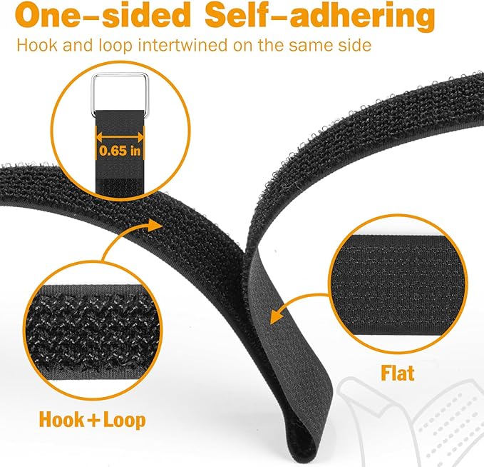 0.65" x82ft Hook and Loop Straps with 40 Metal Buckles, Adjustable Fastening Cinch Straps, Cut to Length Cable Straps, Reusable Nylon Straps 0.65 Inch Wide for Organizer or Storage, Black