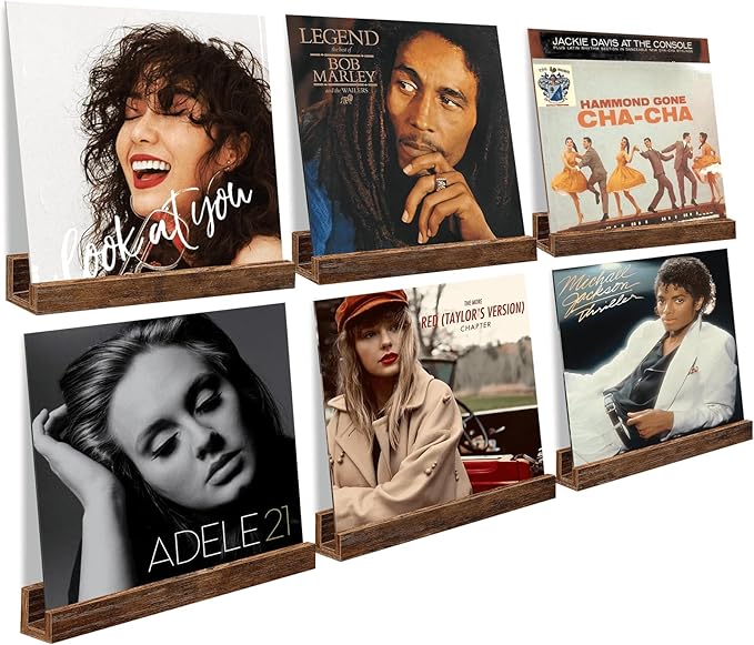 Vinyl Record Shelf Wall Mount, 12 inch Wooden Album Record Holder Display, Pack of 6 Floating Shelves for Wall, Magazine Rack, Kids Bookshelf for Bedroom, Living Room, Rustic Brown