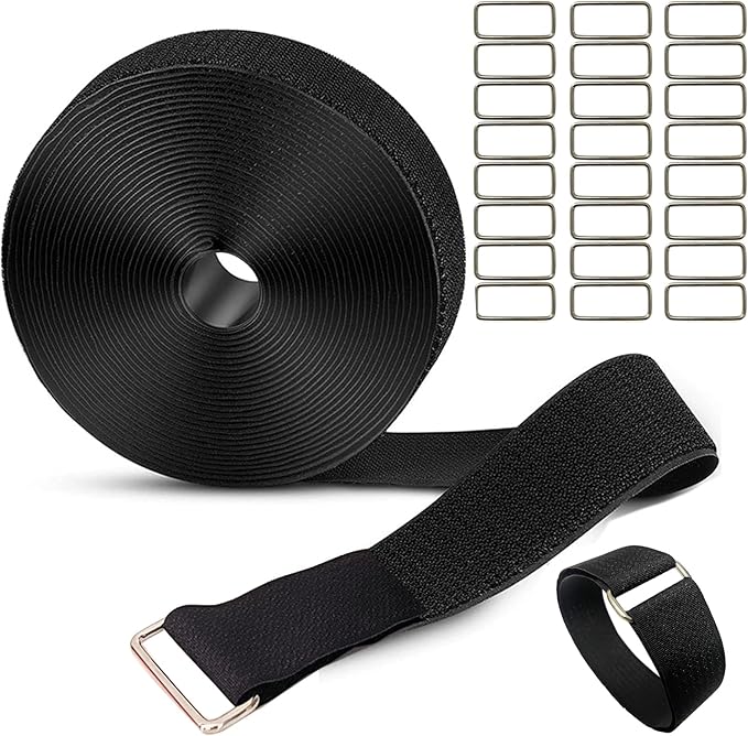 1.5inx32ft Hook and Loop Cable Straps with 30 Metal Buckles, Adjustable Fastening Straps, Reusable Free Cut Length Cord Straps, Wire Organizers for Cable Ties Roll
