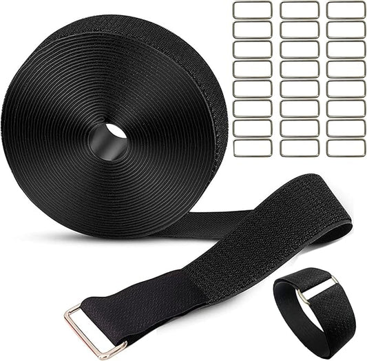 1.5inx32ft Hook and Loop Cable Straps with 30 Metal Buckles, Adjustable Fastening Straps, Reusable Free Cut Length Cord Straps, Wire Organizers for Cable Ties Roll