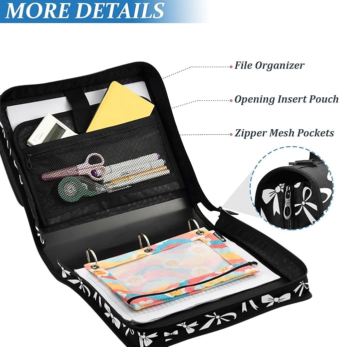 Zipper Binder Bag 3 Ring File Folder Portfolio Organizer Zippered Binder Bags with Strap Fits Laptop Women Men