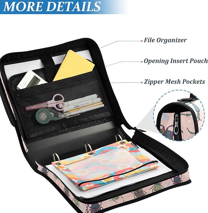 Zipper Binder Bag 3 Ring File Folder Portfolio Organizer Zippered Binder Bags with Strap Fits Laptop Women Men