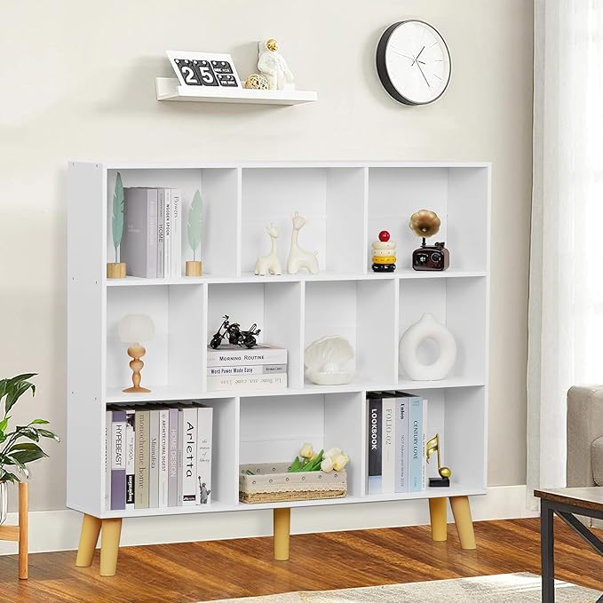 YAHARBO 10 Cube White Bookshelf,3 Tier Book Shelf with Legs,Modern Minimalist Bookcase,Open Book Shelves Storage Organizer,Frees Standing Wooden Display Bookcases for Small Space,Bedroom,Living Room