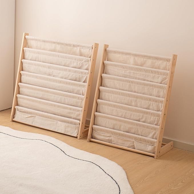 Wooden Bookshelf for Kids Wood Bookrack Canvas Book Storage Shelf Display Bookshelf 6 Tier Kids Book Rack for Bedroom Living Room Playroom Storage Organizer Natural (24.6" L x 11.81" W x 31.10" H)