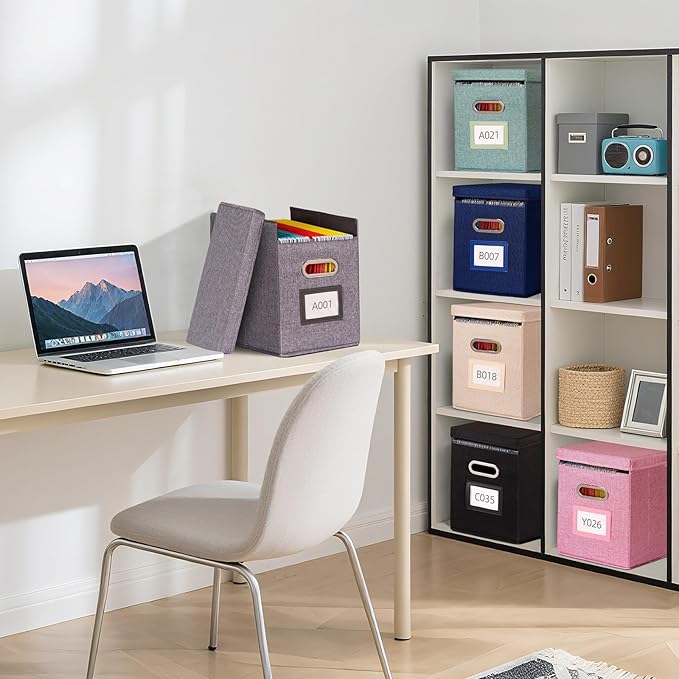 2 Pack Hanging File Folders Organizer with Lid, Letter Size Fabric File Storage Box Collapsible, Portable Office Document Holder with Metal Handle, Smooth PVC Rails, Gray