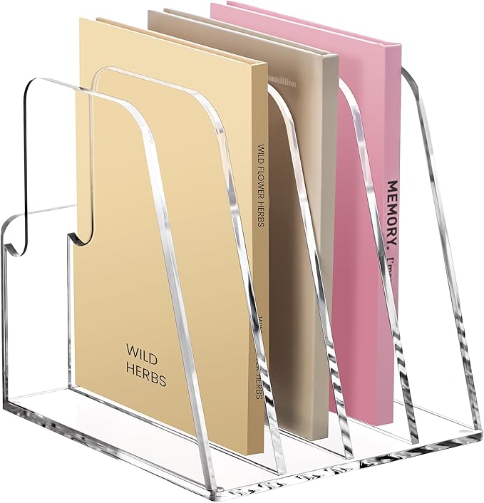 YUXUN Acrylic Magazine Holder,Clear Desk Organzier Workspace Organizers with 4 Vertical Compartments File Sorter for Magazine,Notebooks, Envelopes,Comic Coloring Book Storage(6.6 X 7.2 X 6.7 Inch)