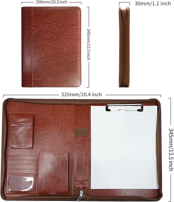 Zippered Padfolio Organizer, WRIYES Leather Planner Binder, 10.2 Inch Portfolio Folder for Documents, Letter Size Business Card Holder for Men&Women (Brown)