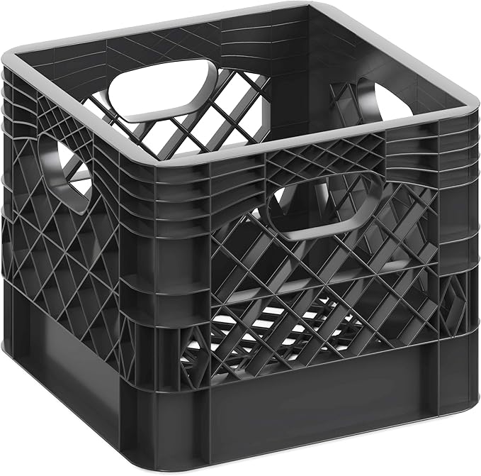 13 in. x 13 in. x 11 in. Heavy-Duty Black 16 Qt Milk Crate – Stackable Storage Container with Handles