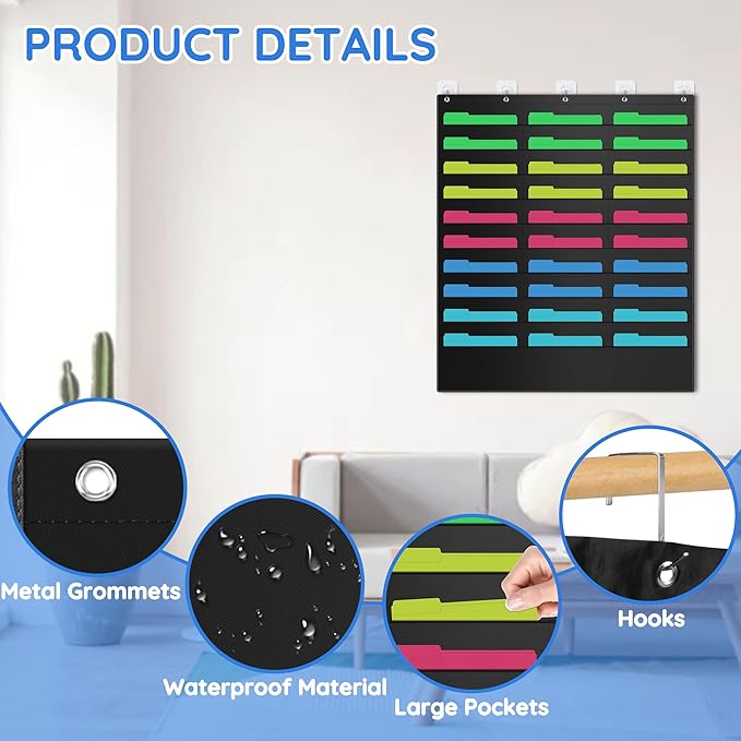 ZKOO 30 Pockets Hanging Wall File Organizer for A4 Size Paper/Legal/ Letter Size Document, Sturdy Wall Mail Organizer Black Pocket Chart Great for Classroom, Office, Home Use with 5 Hangers