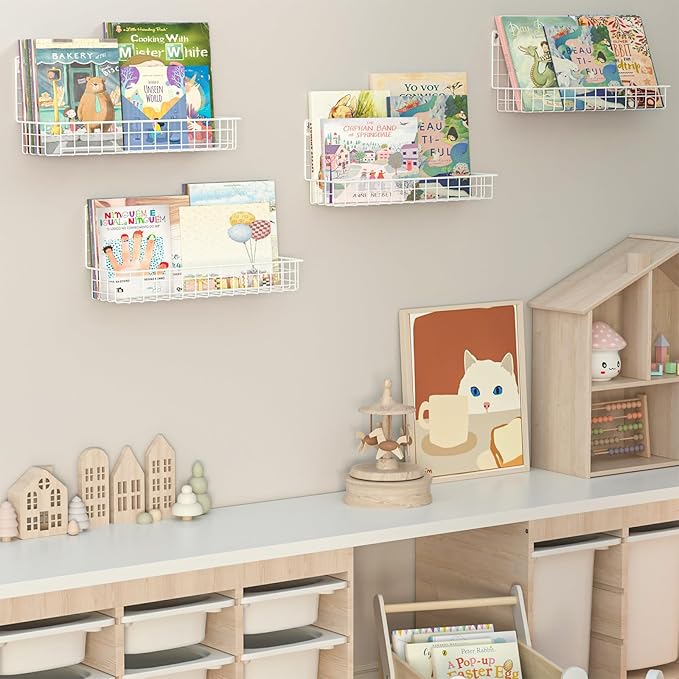 X-cosrack 4-Pack Wall Mounted Metal Kids Bookshelf, Floating Book Shelves for Kids Nursery Toddler Bedroom Classroom, Hanging Book Shelf Storage Organizer for Room Decor, White