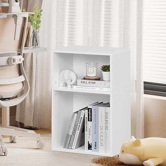 YAHARBO 2 Cube Bookshelf, White Record Player Stand with Vinyl Storage Up to 100 Albums, Horizontal Low Book Shelf, Mini Bookcase with Storage Organizer, Small Turntable Stand for Living Room, Bedroom