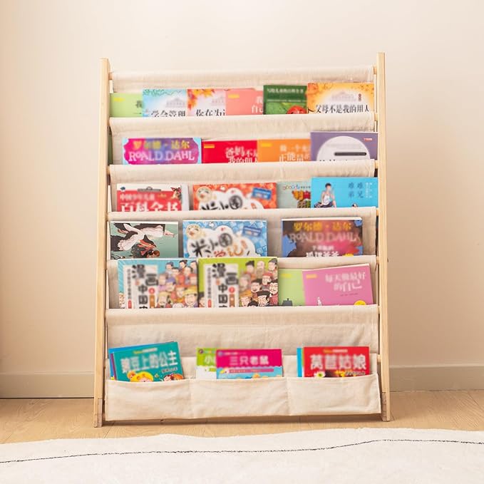 Wooden Bookshelf for Kids Wood Bookrack Canvas Book Storage Shelf Display Bookshelf 6 Tier Kids Book Rack for Bedroom Living Room Playroom Storage Organizer Natural (24.6" L x 11.81" W x 31.10" H)