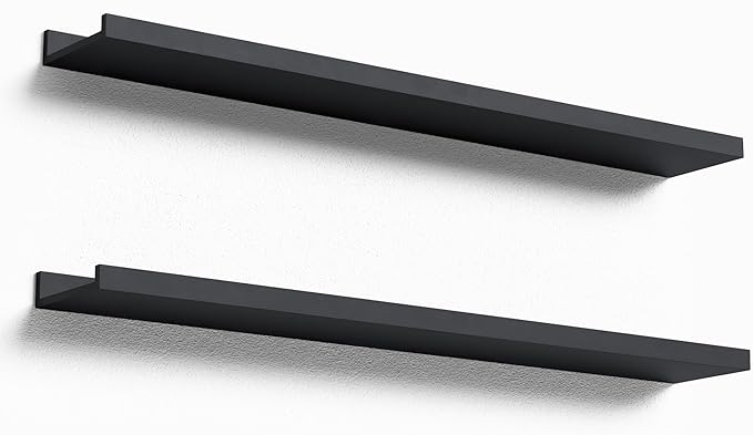 35.4 Inches Long Floating Shelves Wall Mounted, 2 Set Modern Black Wall Shelf for Bedroom, Nursery Book Shelf with Lip, Picture Ledge Shelf for Decor Living Room Bathroom Kitchen- Black