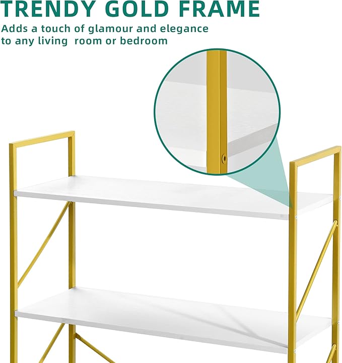 YITAHOME 5 Tiers Gold Bookshelf, Modern Wide Bookcase, Large Book Rack, Storage Rack Shelves in Bedroom/Living Room/Home/Office, Books Holder Organizer for Books, Gold