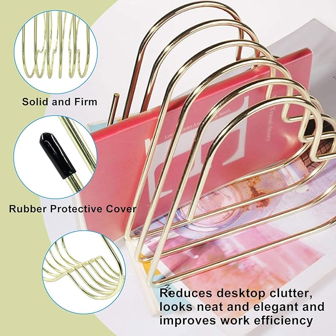 Zorfeter Heart Shaped File Holder, Iron Storage Rack Vinyl Record Organizer, 5 Slot Desktop Book Storage Rack for Office Home Decor/Book Lovers(Gold)