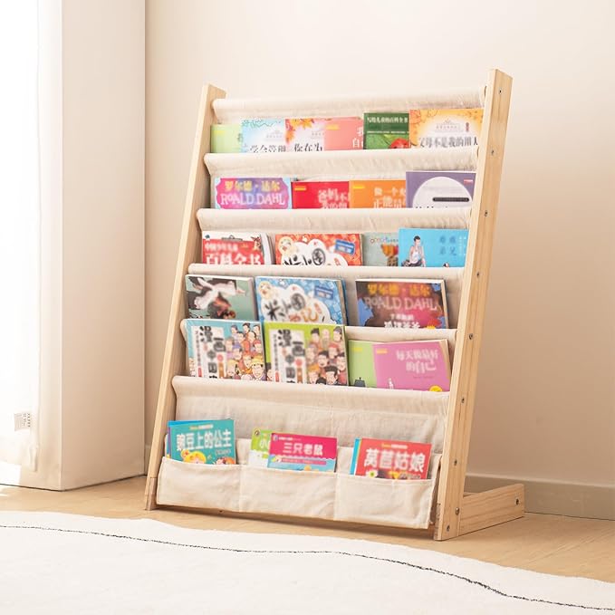 Wooden Bookshelf for Kids Wood Bookrack Canvas Book Storage Shelf Display Bookshelf 6 Tier Kids Book Rack for Bedroom Living Room Playroom Storage Organizer Natural (24.6" L x 11.81" W x 31.10" H)
