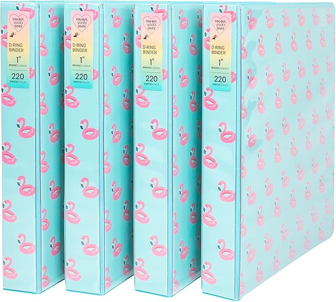 Yoobi 1 Inch Binder Set – 3-Ring Binders with 2 Pockets – Perfect for School or Office – Holds up to 220 Sheets – 4 Pack – Flamingo