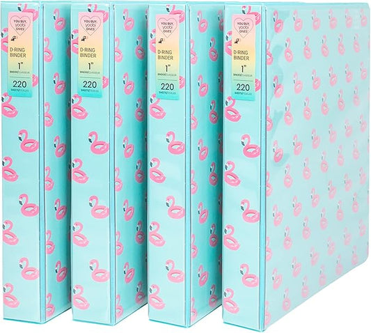 Yoobi 1 Inch Binder Set – 3-Ring Binders with 2 Pockets – Perfect for School or Office – Holds up to 220 Sheets – 4 Pack – Flamingo