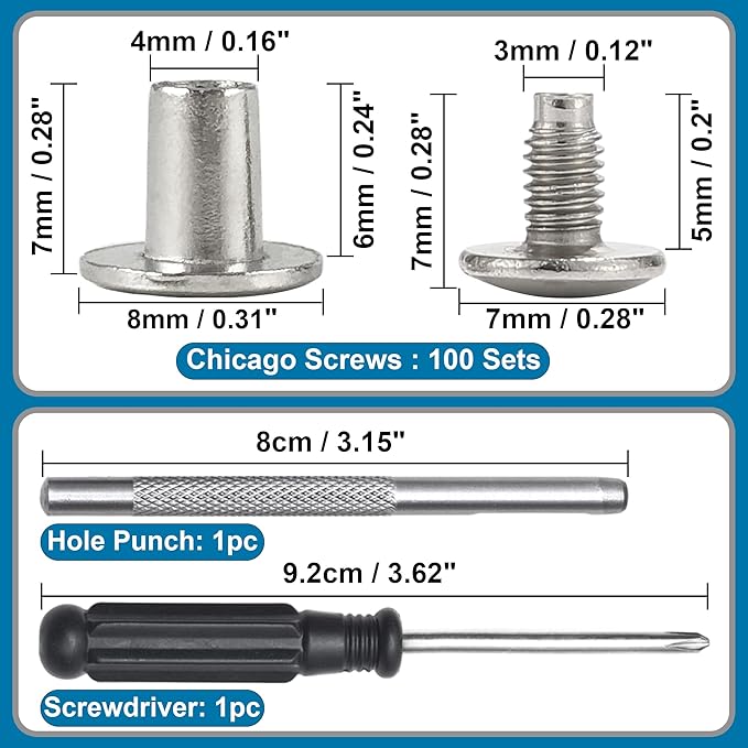 YORANYO 150 Sets 8MM Chicago Screws Leather Rivets for Fabric Chicago Binding Screws Buttons Metal Studs Rivets for Decorate and Repair Belts Bags Shoes Purse Dog Collar Leather Craft (Silver)