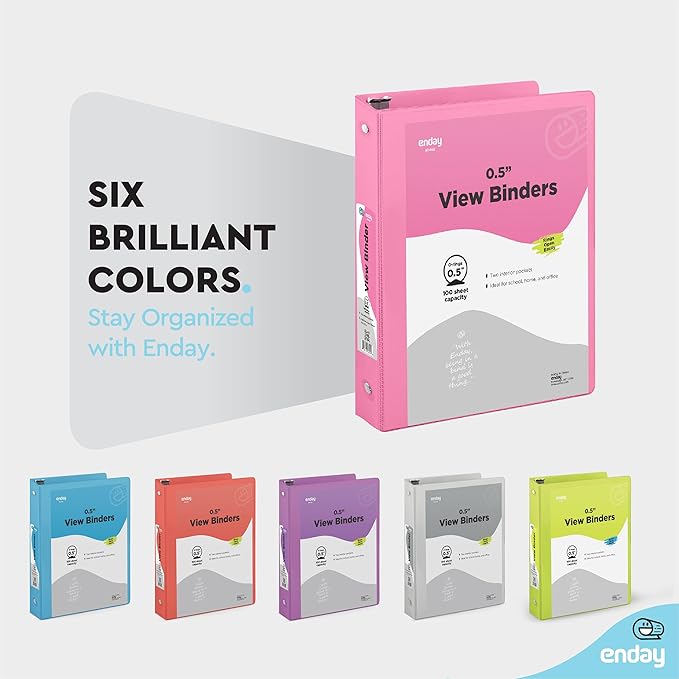 ½ Inch 3 Ring Binder .5 inch Pink Clear View Cover with 2 Inside Pockets, Colored School Supplies Office and Home Binders – by Enday