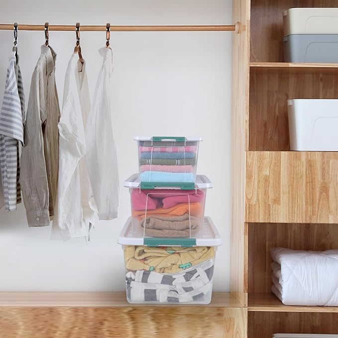 35 Quart Stackable Plastic Storage Latches Box, Multi-Purpose Lidded Container for Clothes, Craft Supplies & Christmas Decorations, 6 Packs