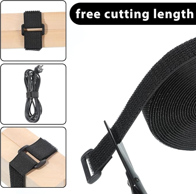 1" x 16ft Hook and Loop Straps with 25 Metal Buckles, Adjustable Fastening Cable Straps, Black Reusable Fastening Cable Ties, Adjustable Multi-Purpose Cable Straps for Organizer or Storage