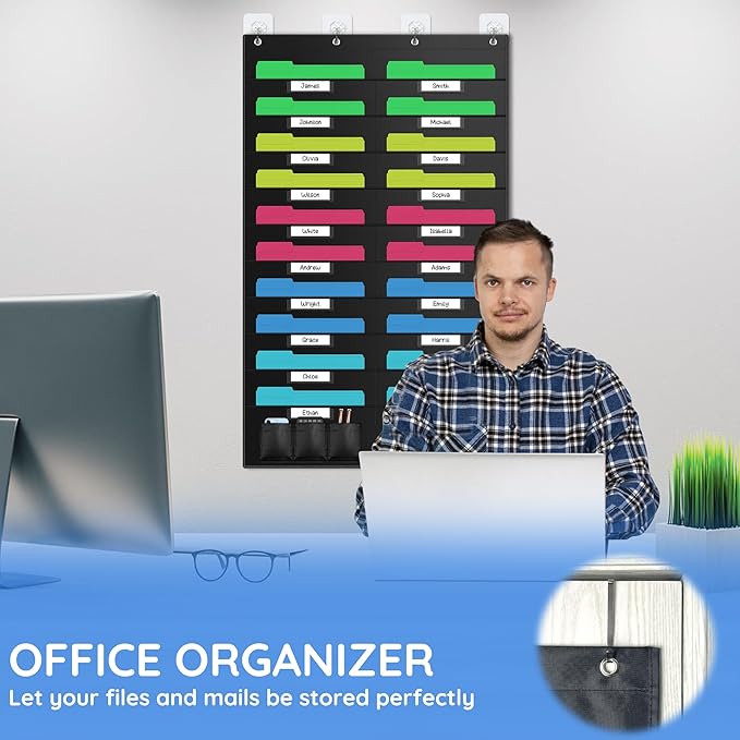 ZKOO 20 Pockets Hanging Wall File Organizer for A4 Size Paper/Legal/ Letter Size Document, Sturdy Wall Mail Organizer Black Pocket Great for Classroom, Office, Home Use with 4 Hangers 6 Pen Pocket