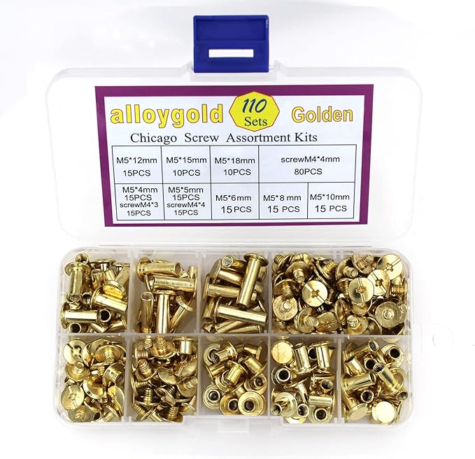 110 Sets Gold Chicago Screws Leather Assorted Kit, 8 Sizes of Screw Rivets for DIY Leather Craft and Bookbinding (M5 X 4,5,6,8,10,12,15,18)
