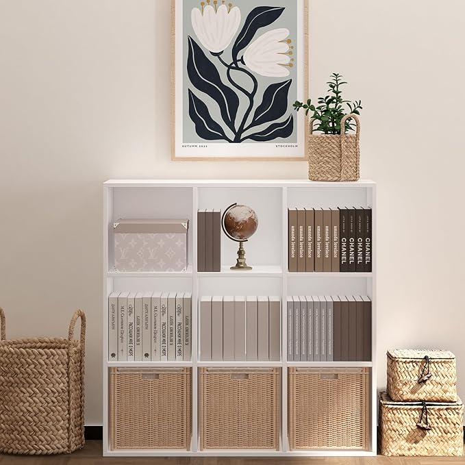 Wooden 9 Cube Storage Organizer with Closed Back Panel,White Cube Shelf Cubby Storage Organizer with Compartments for Living,Bookshelf,Storage Organizers Easy to Install (White, 9 Cube)