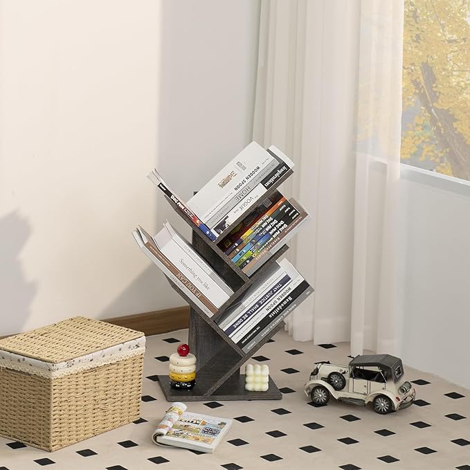 5 Tier Tree Book Shelf, Small Desktop Bookshelf with Storage Organizer, Wood Bookcase, Desk Display Bookshelves, Floor Standing Organizer Bookcases for Living Room,Bedroom,Office-Dark Grey