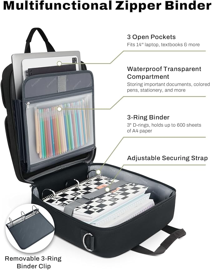 Zipper Binder 3 Ring with Ita Window, 3 Inch Binder with Zipper D-Ring Fits 14 in Laptop, 3-in-1 Shoulder/Backpack/Handle 600 Sheets Capacity for School & Office – Black