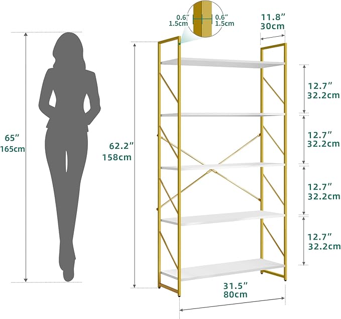 YITAHOME 5 Tiers Gold Bookshelf, Modern Wide Bookcase, Large Book Rack, Storage Rack Shelves in Bedroom/Living Room/Home/Office, Books Holder Organizer for Books, Gold