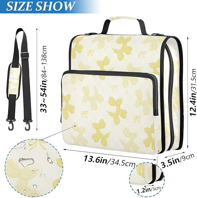 Yellow Balloon Dogs Bow Zipper Binder with Shoulder Strap Bag 3 Ring Binder Organizer Large Capacity Multiple Compartments for School Office