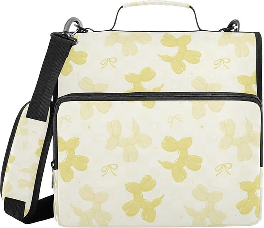 Yellow Balloon Dogs Bow Zipper Binder with Shoulder Strap Bag 3 Ring Binder Organizer Large Capacity Multiple Compartments for School Office