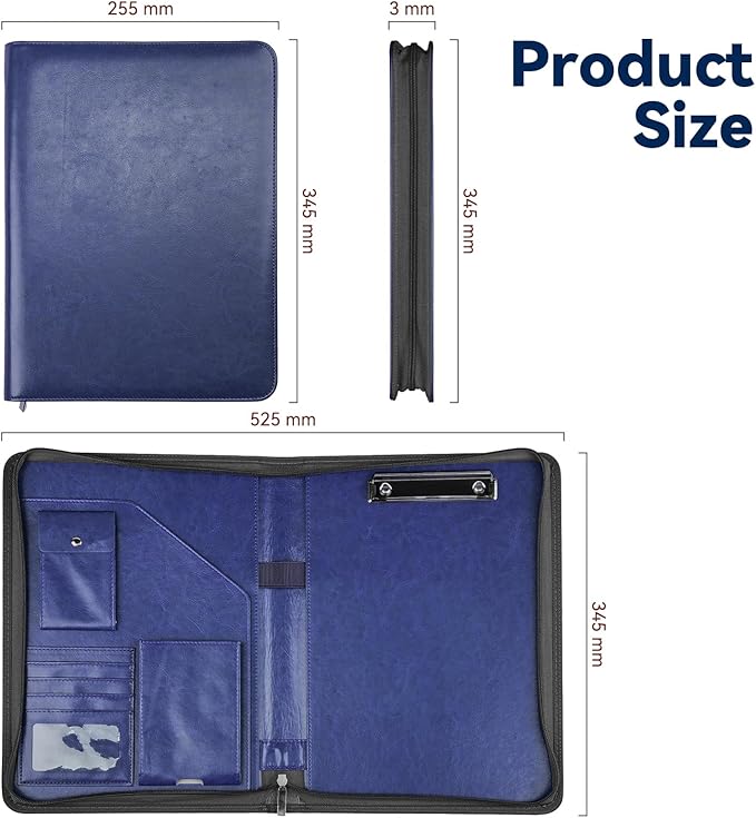 Zippered Padfolio Organizer, WRIYES Leather Planner Binder, 10.2 Inch Portfolio Folder for Documents, Letter Size Business Card Holder for Men&Women (Blue)