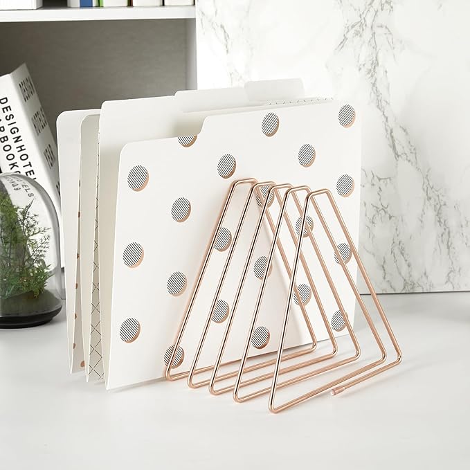 Y YOMA 1 Pack Rose Gold File Folder Racks Triangle Magazine Holder Metal File Organizer for Desk Decorative File Sorter Display Rack for Office Home, 7 Compartments