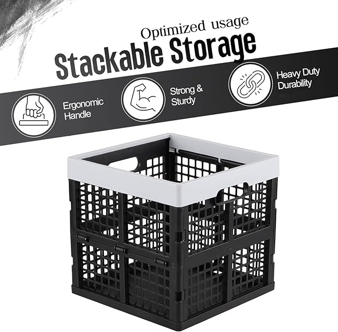 Xyskin 18 Litre Plastic Folding Utility Crates, Set of 3 Stackable Storage Milk Crates, Black