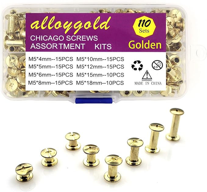 110 Sets Gold Chicago Screws Leather Assorted Kit, 8 Sizes of Screw Rivets for DIY Leather Craft and Bookbinding (M5 X 4,5,6,8,10,12,15,18)