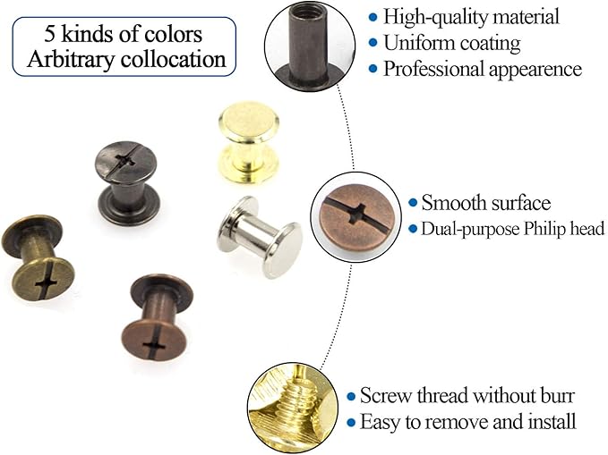 100 Sets Chicago Screws Assorted Kit 5 Color Leather Rivets 5/16”(5x8mm) Screw Rivets Flat Fillister Book Binding Posts Nail Rivet Chicago Bolts for DIY Leather Craft Black Silver Golden Bronze
