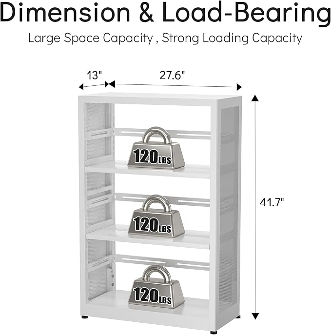 [Industrial Grade] Mobile 3 Tier Bookshelf, Metal 3 Shelf Bookcase on Wheels, Heavy Duty Book Shelf for Small Space, Book Case for Home Office, Living Room, School, Assembly Required, White