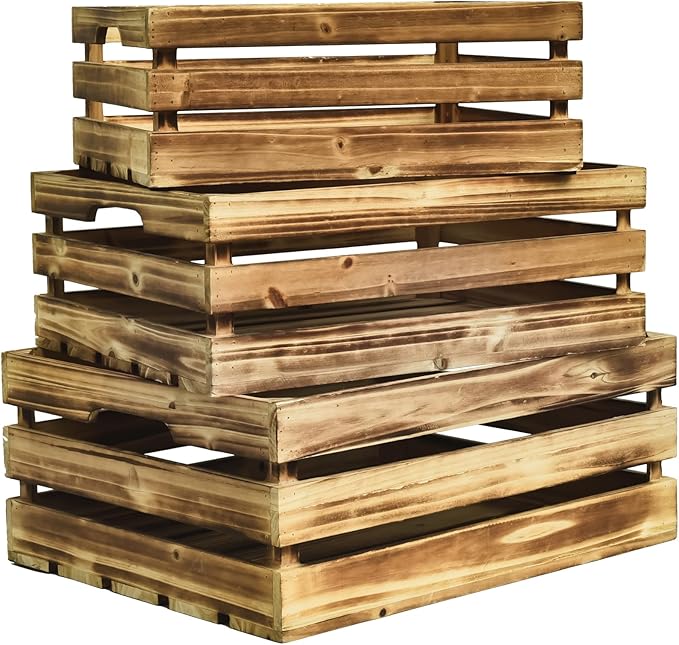 Wooden Crates Set of 3 - Large Rustic Wood Nesting Crates for Decoration, Display, Storage Boxes brown wooden crates farmers market deco wooden crates (Brown)