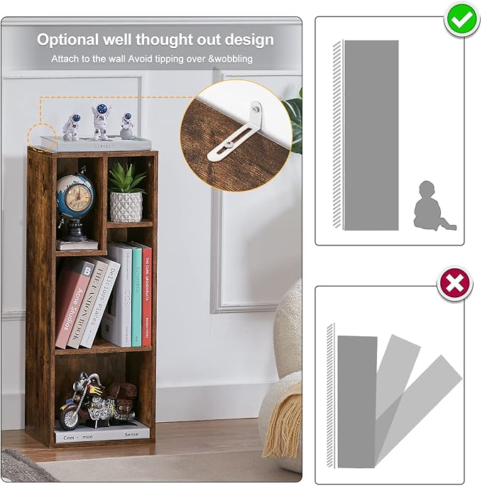 VECELO 3-Tier Small Bookcase, 4 Cube Bookshelf with Height Difference Shelves for Most Books, Modern Floor Standing Unit, Each Shelf Hold Up to 66 LBS for Living Room Bedroom, Rustic Brown