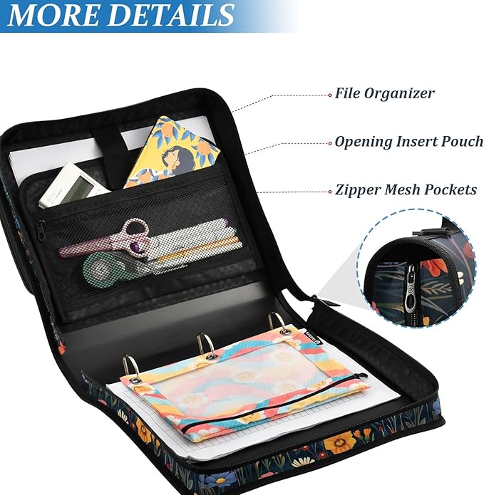 Vibrant Wildflowers Colorful Zipper Binder with Shoulder Strap Bag 3 Ring Binder Organizer Large Capacity Multiple Compartments for School Office