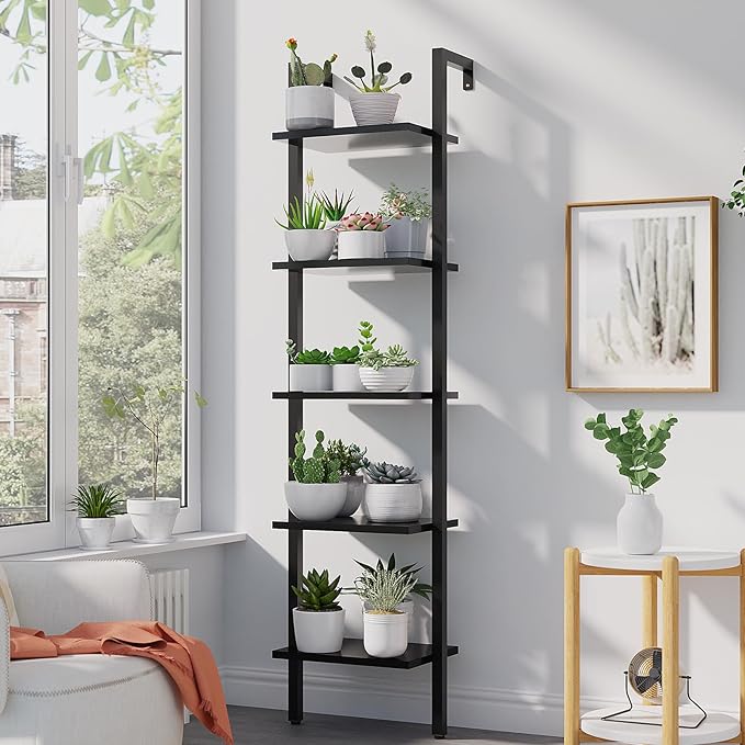 YMYNY 5 Tiers Narrow Ladder Bookcase, Industrial Wall Mounted Bookshelf, Open Display Rack with Metal Frame, Wooden Storage Shelves for Bedroom, Home Office, Living Room, Black, 70*17.3*11.8"UHBC015B